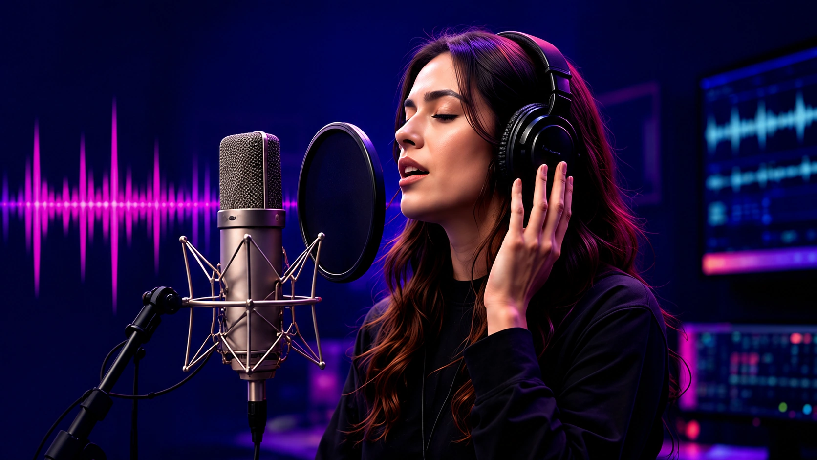 Mujer grabando en un estudio profesional de doblaje